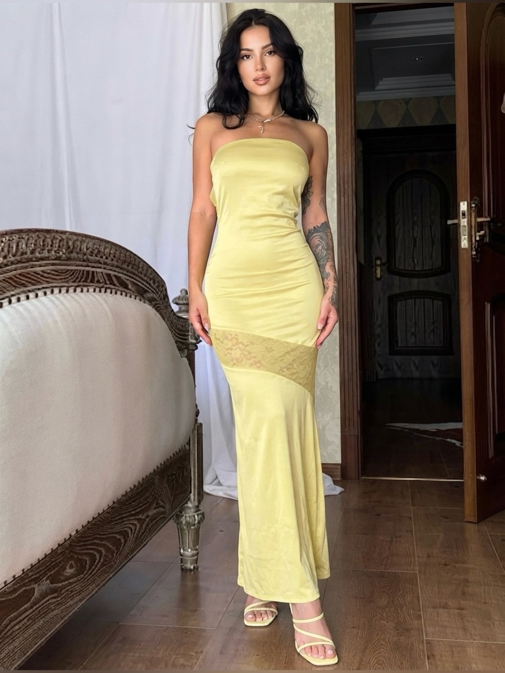 Commense Asymmetrical Lace Strapless Tube Midi Dres - Picture 3 of 9